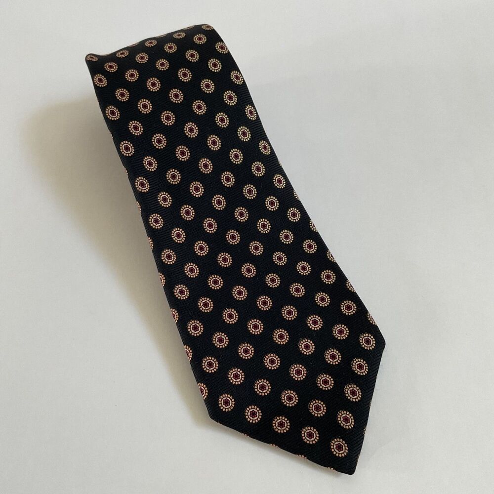 Kiton Napoli Medallion Geometric 7-Fold Silk Tie Black Red Gold Italy Luxury
